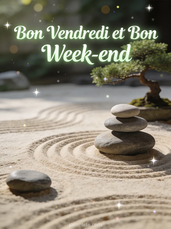 Jardin zen avec sable ratissé pierres lisses et bonsaï avec texte Bon Vendredi en calligraphie