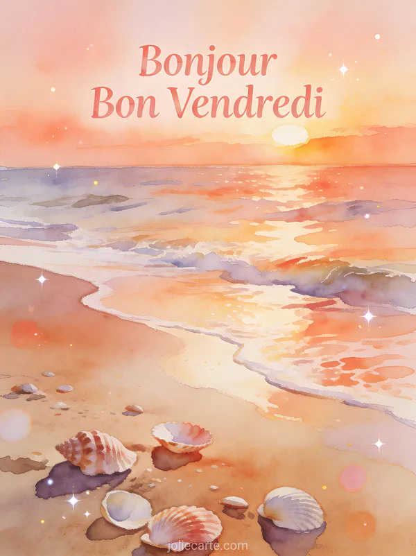 Lever de soleil sur plage avec vagues douces et coquillages avec texte Bonjour Bon Vendredi en aquarelle