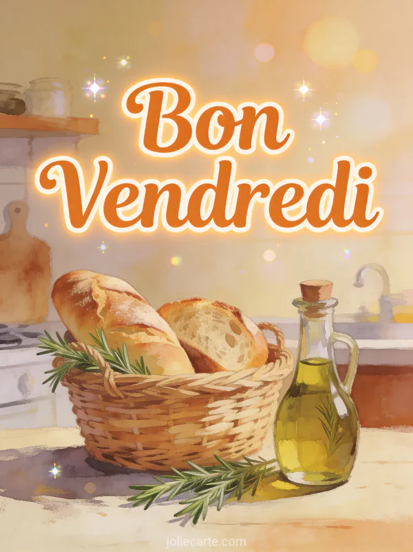 Pain frais dans panier en osier avec huile d'olive et romarin dans cuisine provençale avec texte Bon Vendredi