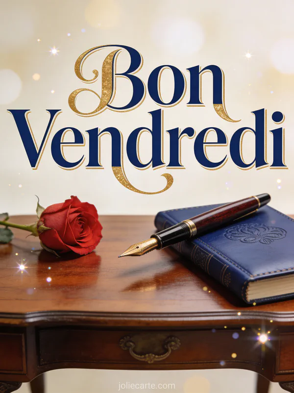 Bureau ancien avec stylo plume carnet en cuir et rose rouge avec texte Bon Vendredi classique