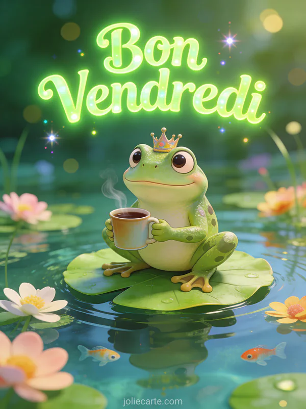 Grenouille amusante avec couronne sur nénuphar tenant une tasse de café avec texte Bon Vendredi