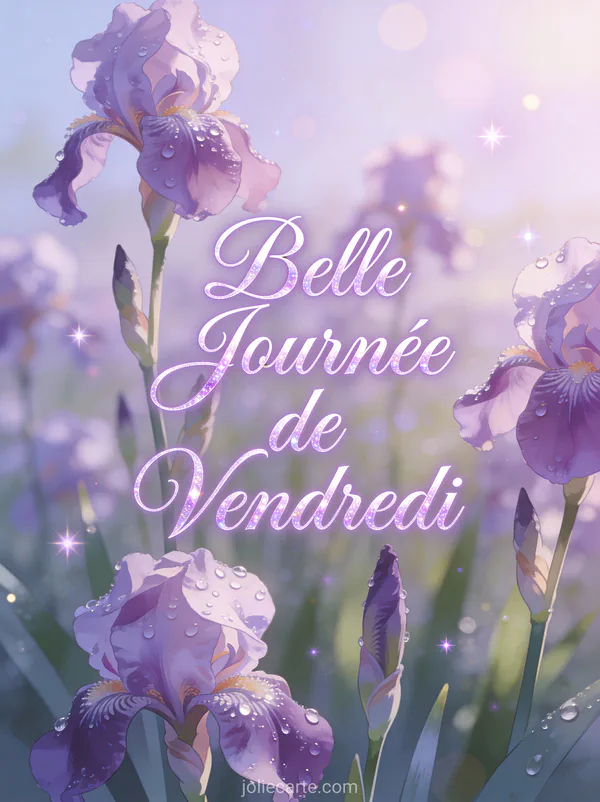 Champ d'iris violets avec gouttes de rosée matinale et texte Belle Journée de Vendredi en lettres lilas