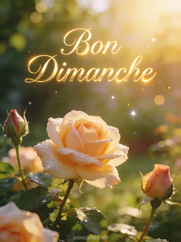 Carte bon dimanche avec roses dans un jardin paisible baigné de lumière dorée du matin