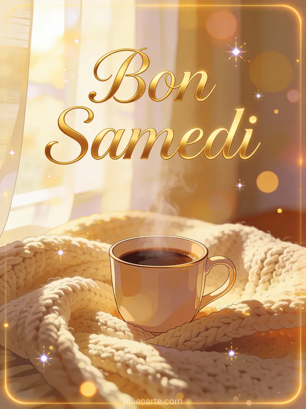Carte bon samedi et bon week-end avec tasse de café sur couverture tricotée dans une lumière matinale douce