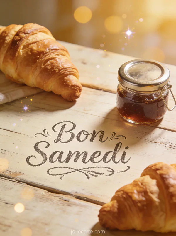 Carte bon samedi citation avec croissants frais et confiture sur table rustique dans lumière dorée matinale
