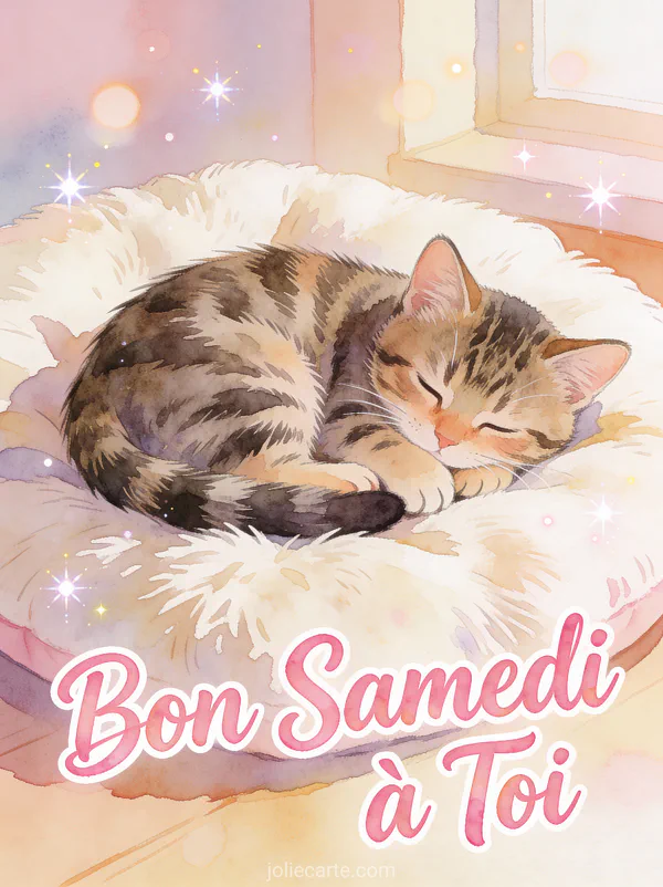Carte bon samedi à toi avec chaton tigré endormi sur coussin moelleux dans ambiance pastel douce