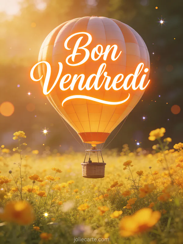 Montgolfière survolant un champ de fleurs sauvages jaunes au coucher du soleil avec texte Bon Vendredi