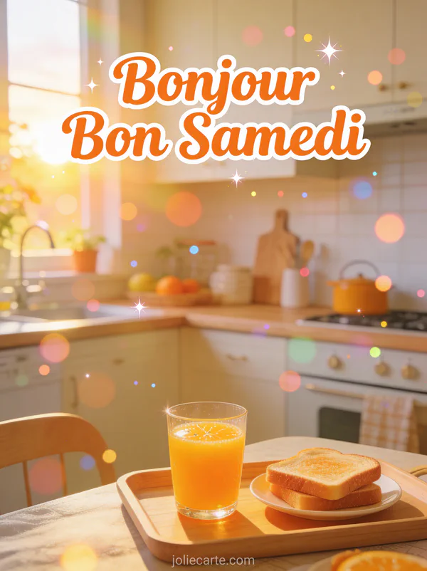 Carte bonjour bon samedi avec plateau petit-déjeuner jus d'orange et toasts dans cuisine lumineuse