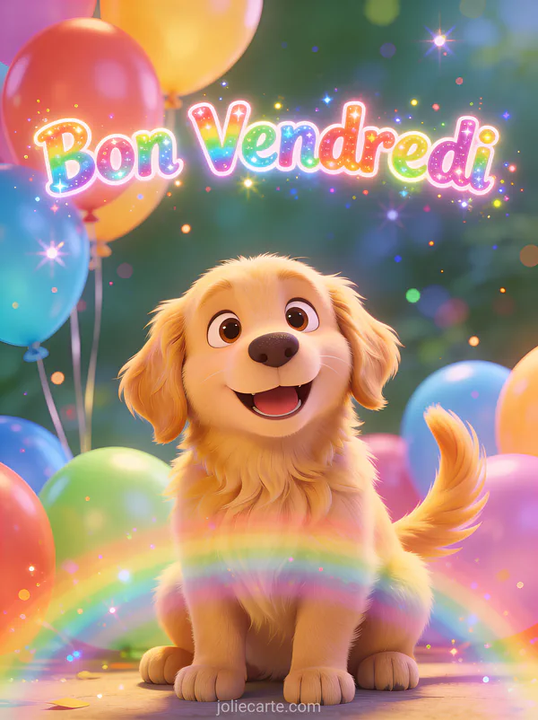 Chiot golden retriever joyeux parmi des ballons colorés avec texte Bon Vendredi animé arc-en-ciel
