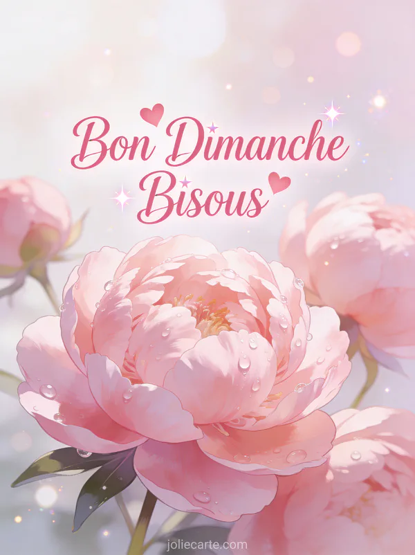 Carte bon dimanche bisous avec pivoines roses et petits coeurs dans une lumière douce
