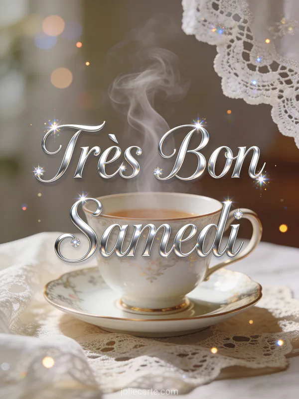 Carte très bon samedi élégante avec tasse thé porcelaine soucoupe vintage et dentelle atmosphère raffinée