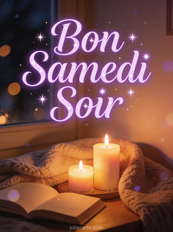 Carte bon samedi soir avec coin lecture cosy bougies allumées et couverture ambiance ambrée chaleureuse