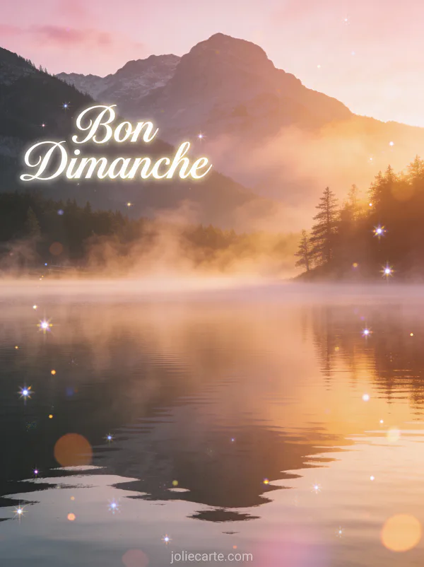 Image bon dimanche avec lac serein et montagnes dans la brume matinale au lever du soleil