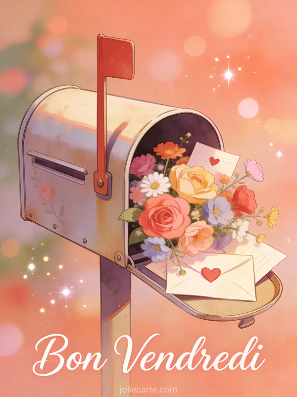 Boîte aux lettres vintage débordant de fleurs colorées et lettres avec texte Bon Vendredi manuscrit