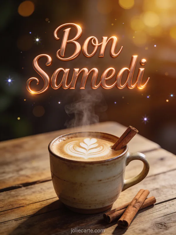 Carte bonjour bon samedi bon week-end avec latte fumant tasse céramique et cannelle ambiance café rustique