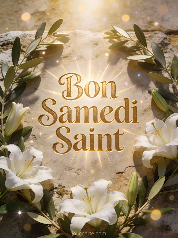 Carte bon samedi saint avec branches olivier et lys blancs sur pierre atmosphère spirituelle lumineuse