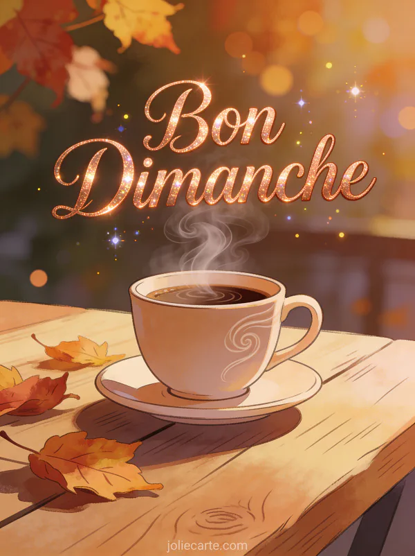 Image bon dimanche avec tasse de café fumante sur table en bois et feuilles d'automne