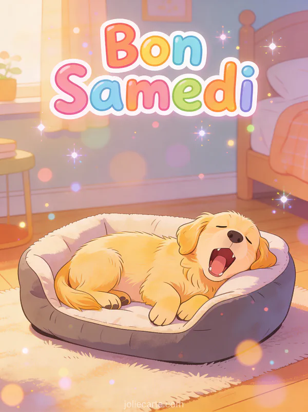 Carte bon samedi humour gif avec chiot golden retriever bâillant dans panier scène matinale comique