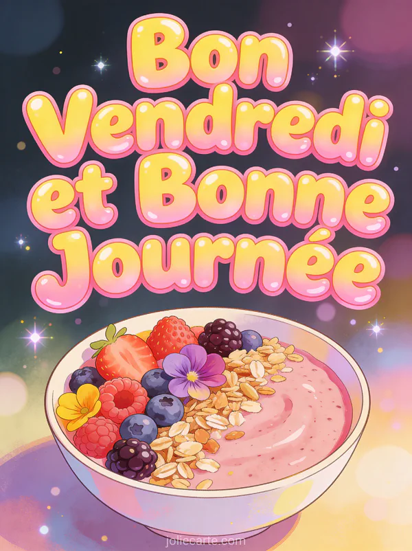 Smoothie bowl coloré avec fruits frais granola et fleurs comestibles avec texte Bon Vendredi