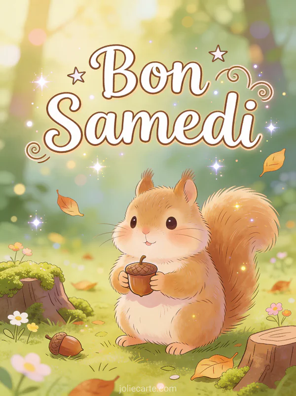 Carte bon samedi humoristique avec écureuil joufflu tenant petite tasse de gland dans décor boisé amusant