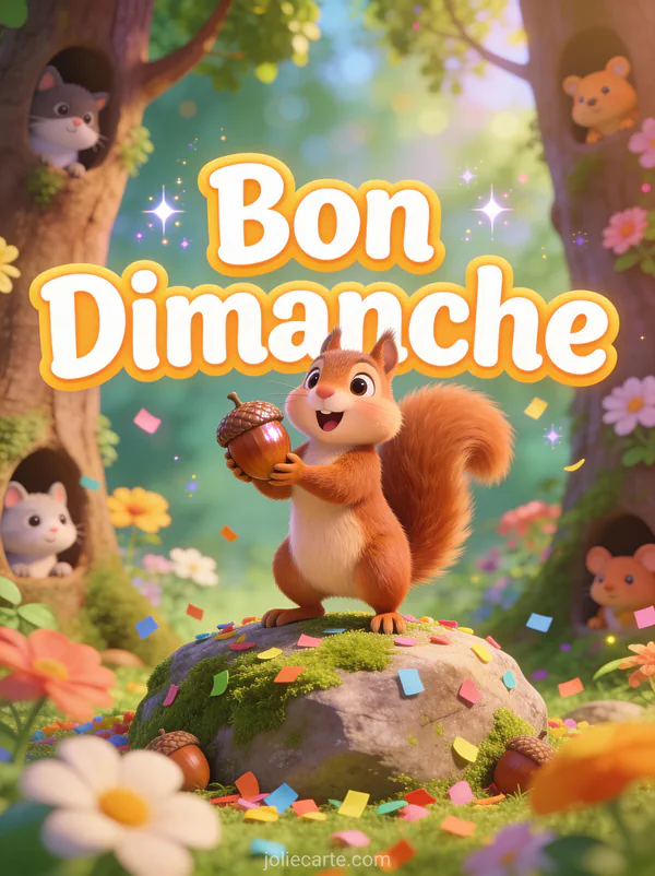 GIF bon dimanche drôle avec écureuil surpris tenant un gland dans une forêt colorée