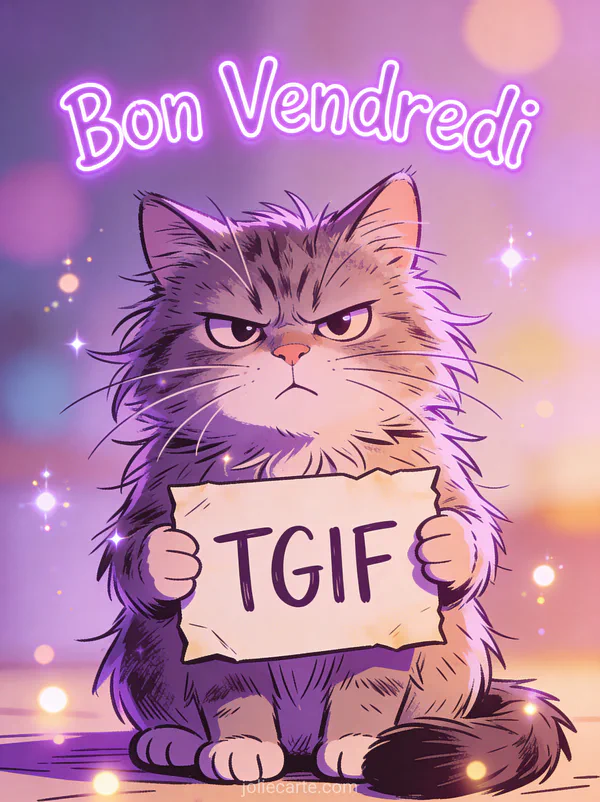 Chat grognon aux poils ébouriffés tenant une pancarte TGIF avec texte Bon Vendredi humoristique