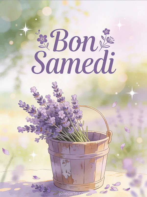 Image bon samedi avec bouquet lavande fraîche dans seau rustique atmosphère provençale matinale ensoleillée