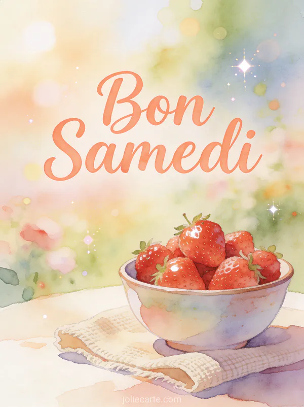 Carte bon samedi en image avec bol fraises fraîches sur tissu lin scène matinale estivale douce