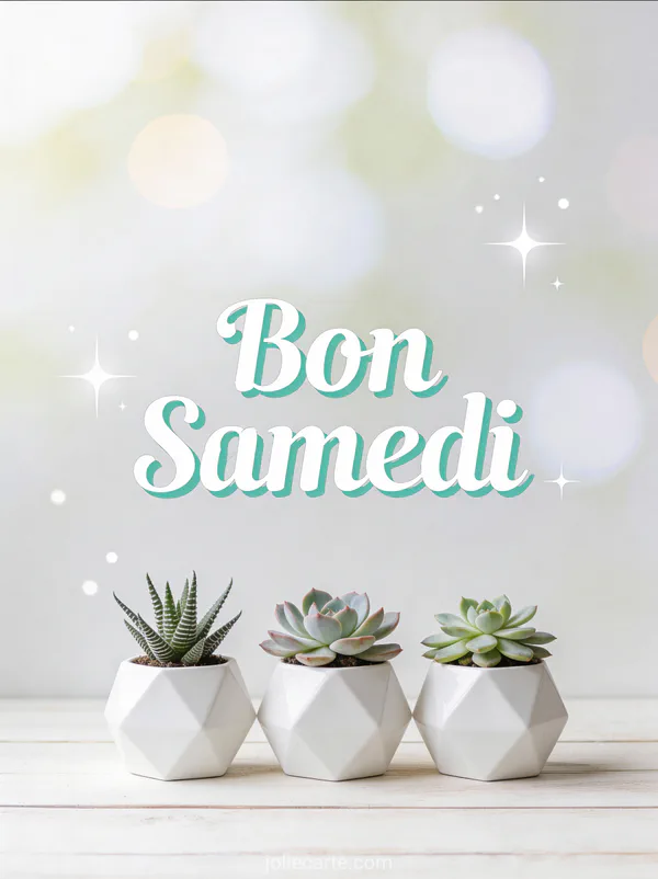 Image bon samedi gratuite avec plantes succulentes dans pots géométriques blancs scène minimaliste fraîche