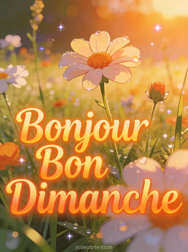 Carte bonjour bon dimanche avec prairie de fleurs sauvages au lever du soleil doré