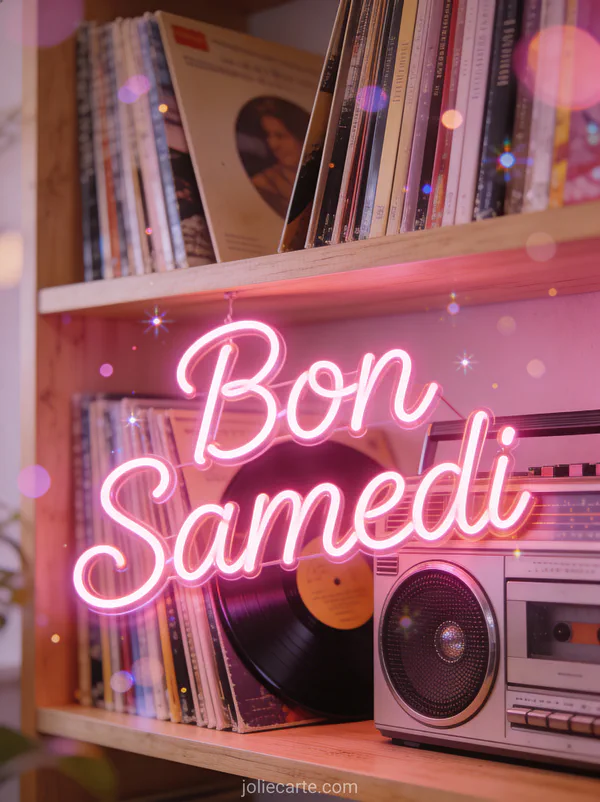 Carte bon samedi bon week-end avec radio vintage et disques vinyles sur étagère ambiance rétro matinale