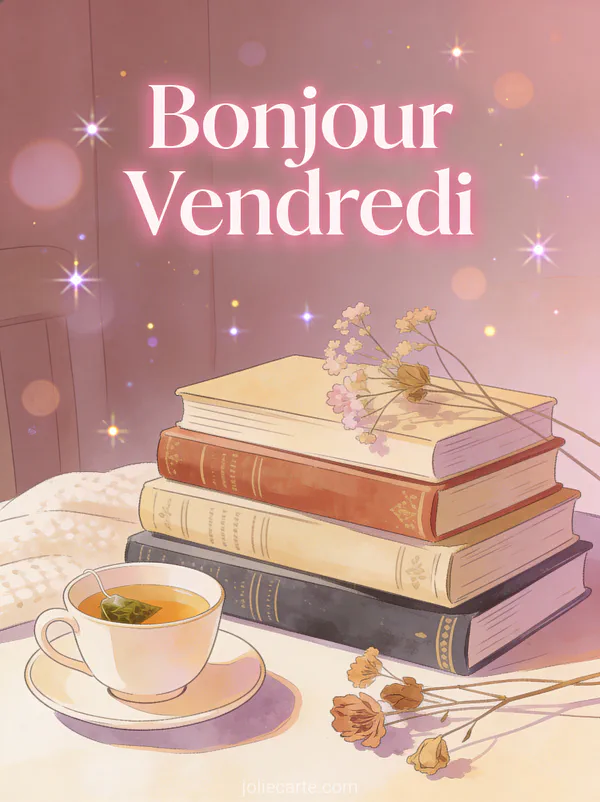 Pile de livres anciens avec tasse de thé et fleurs séchées dans coin lecture avec texte Bonjour Vendredi