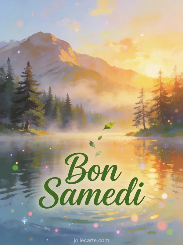 Carte bon samedi paysage avec lac montagne brumeux lever soleil et pins dans décor paisible serein