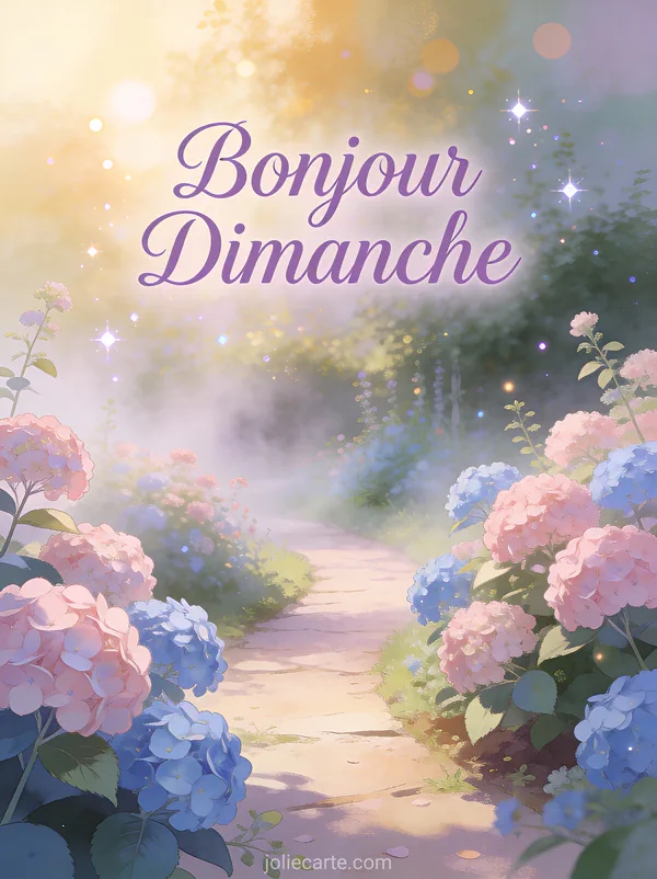 Carte bonjour dimanche avec allée de jardin bordée d'hortensias dans la brume matinale