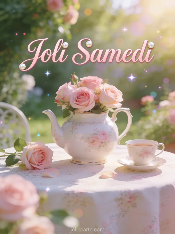 Carte joli samedi et bon week-end avec théière élégante et roses sur table jardin scène charmante