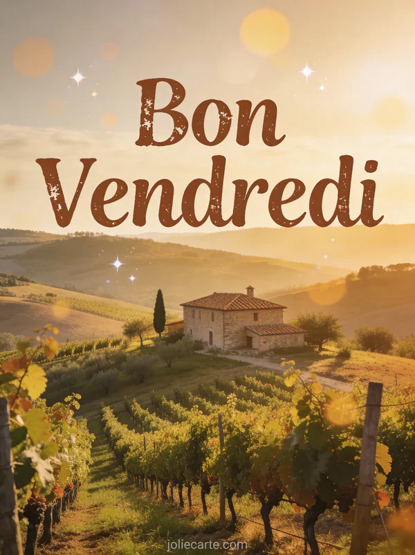 Vignoble toscan avec collines ondulantes et ferme en pierre au coucher du soleil avec texte Bon Vendredi