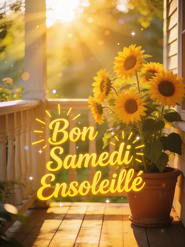 Carte bon samedi ensoleillé avec tournesols dans pot terre cuite sur porche bois lumière estivale