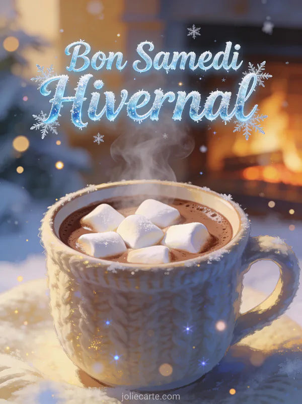 Carte bon samedi hivernal avec chocolat chaud guimauves dans tasse cosy près cheminée ambiance hiver