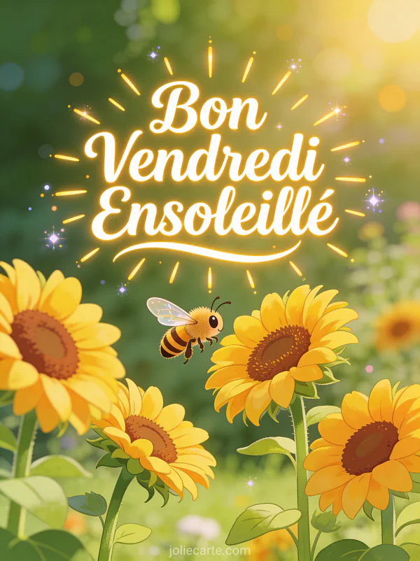 Abeille butinant des tournesols en fleurs dans jardin d'été ensoleillé avec texte Bon Vendredi Ensoleillé