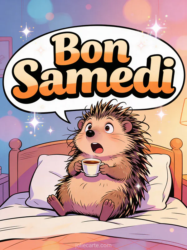 Carte bonjour samedi humoristique avec hérisson surpris piquants ébouriffés tenant petit café scène drôle