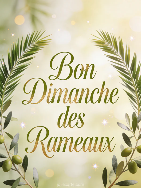 Carte bon dimanche des Rameaux avec branches d'olivier et de palmier dans une lumière dorée