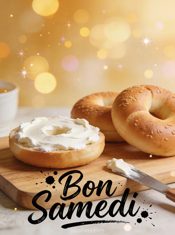 Image bon samedi avec bagels frais cream cheese sur planche à découper scène brunch décontractée