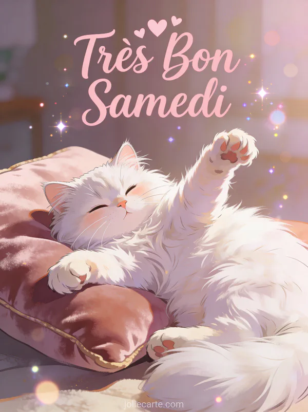 Carte très bon samedi bisous avec chat persan blanc sur coussin velours scène matinale câline douce