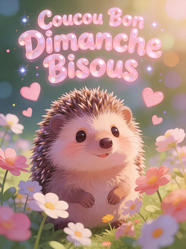 Carte coucou bon dimanche bisous avec hérisson mignon parmi les fleurs et petits coeurs