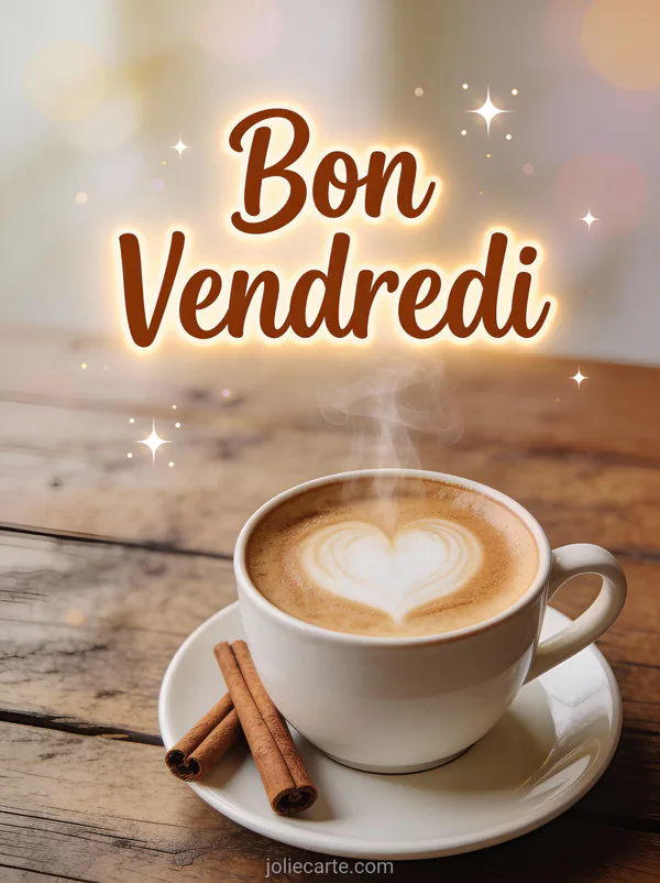 Cappuccino fumant avec latte art coeur sur table en bois rustique avec cannelle et texte Bon Vendredi