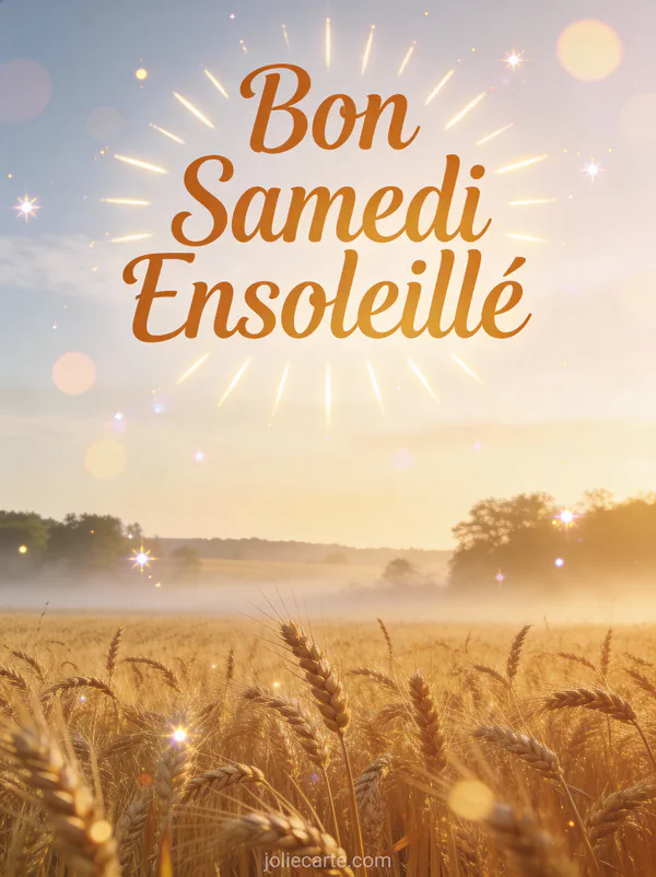 Image bon samedi ensoleillé avec champ de blé doré à l'aube brume matinale paysage campagne radieux