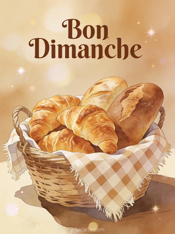 Images bon dimanche avec panier de croissants et pain frais sur nappe à carreaux