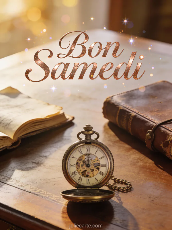 Carte citation bon samedi avec montre poche ancienne et journal cuir sur bureau vintage scène réflexion