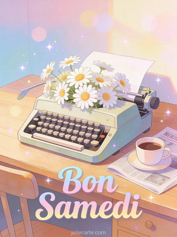 Carte message bon samedi avec machine à écrire vintage et marguerites scène créative week-end matinal