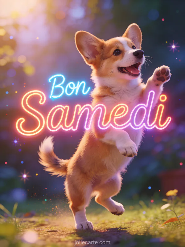 Gif bon samedi avec corgi excité faisant danse joyeuse scène matinale énergique amusante